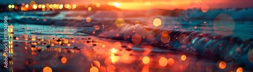 Beach scene with a cityscape, close up, focus on, vibrant colors, double exposure silhouette with skyscrapers photo