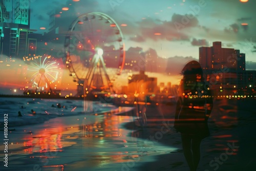 Beach scene with a cityscape, close up, focus on, vibrant colors, double exposure silhouette with skyscrapers