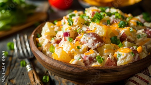 Classic loaded baked potato salad with red potatoes mayonnaise sour cream cheddar cheese bacon green onions photo