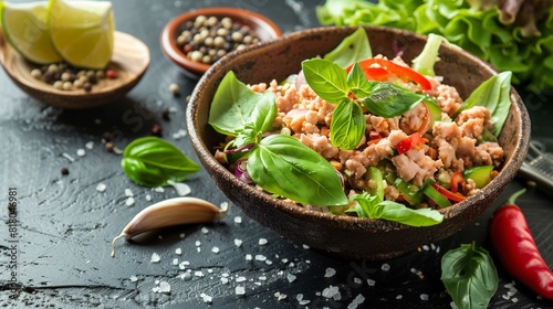 Delicious spicy minced meat salad with fresh vegetables herbs