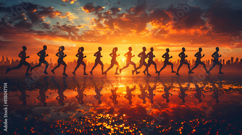 Marathon  black silhouettes of runners on the sunset