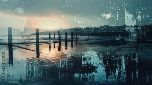 Wallpaper Mural Beach scene with a cityscape, close up, focus on, vibrant colors, double exposure silhouette with skyscrapers Torontodigital.ca