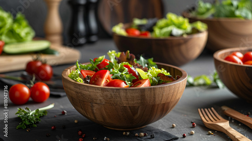 Composition with tasty salad in bowls on table