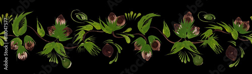 Floral seamless border pattern from hand drawn hazelnut sprigs, leaves and nuts on a black background