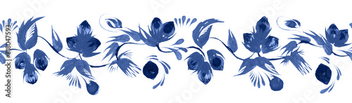 Floral seamless border pattern from blue hand drawn hazelnut sprigs, leaves and nuts isolated on a white background