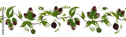 Floral seamless border pattern from hand drawn hazelnut sprigs, leaves and nuts on a black background