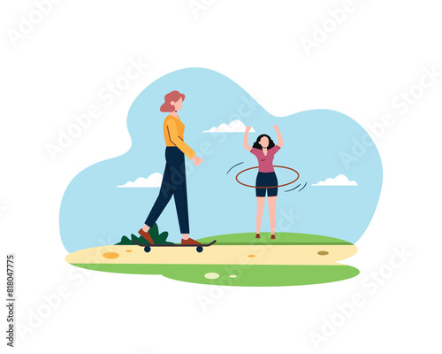 Two young women are exercising, one playing hula hoops, the other playing skate boards. sport and recreation concept. Healthy lifestyle illustration in flatstyle design