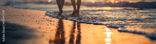 Walking along the beach at sunset, close up, focus on, vibrant colors, double exposure silhouette with waves