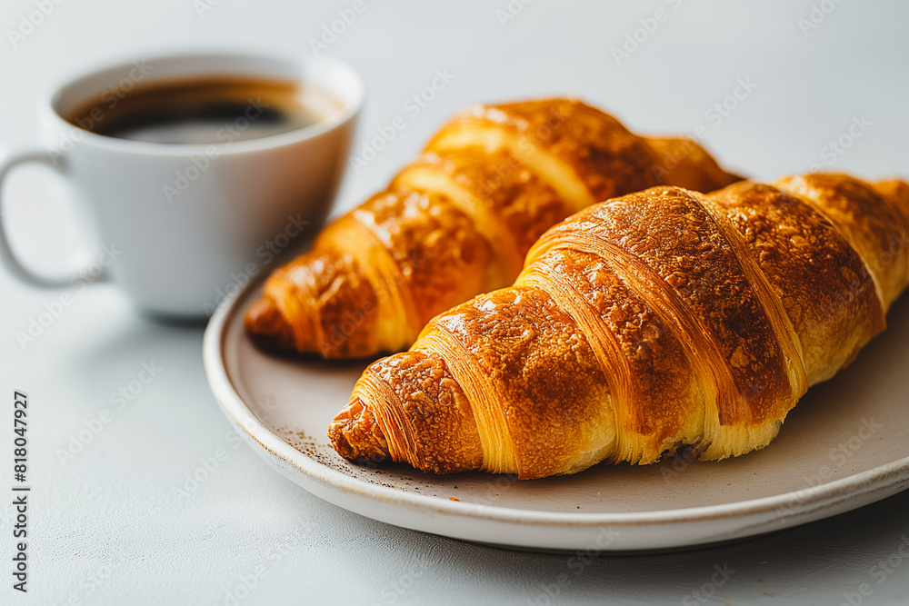 A plate of croissants sits on a table next to a cup of coffee A plate of croissants sits on a table next to a cup of coffee