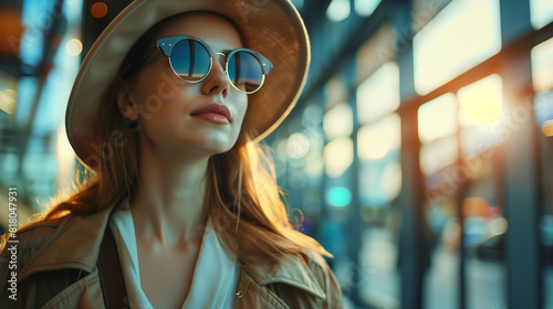 Fashion-forward portrait of a young woman wearing a trendy hat and sunglasses, confidently navigating the busy airport terminal.