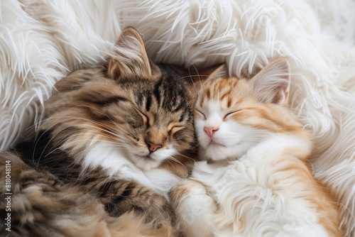 Two Adorable Cats Sleeping Together on Fluffy Blanket