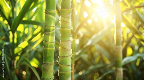 Close-up of giant sugar cane stalks  vibrant green hues in the sunlight  capturing their significance in production