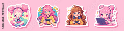 Set Anime girl gamer or streamer with gamepad joystick. Cartoon anime style. Vector character sticker design isolated on a white background