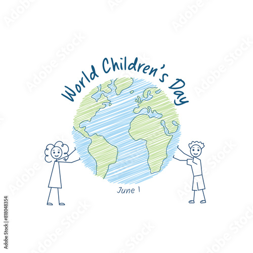 World Children's Day banner, two kids holding the Earth, june 1 celebration, vector illustration