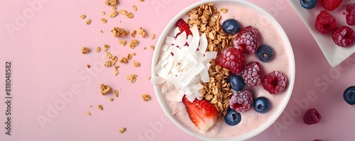 Nourishing Smoothie Bowl with Granola and Fresh Berries on Pastel Pink Background