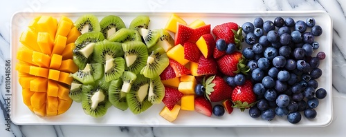 Colorful Fruit Platter Featuring Kiwi Strawberries Blueberries and Mango on Marble Background
