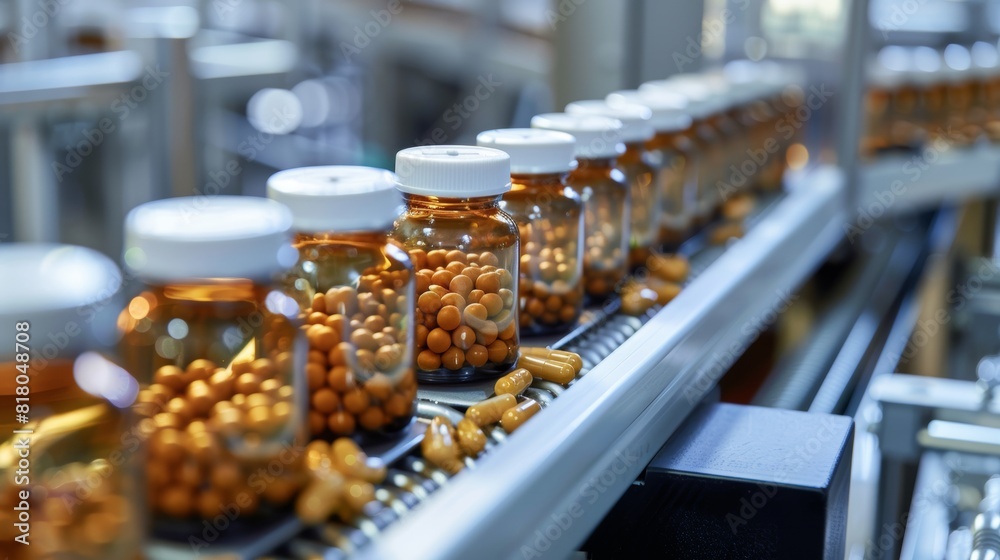Close-up of conveyor belt with rows of pills, small glass medicine bottles, precise pharmaceutical production, laboratory setting, bright lighting Close-up of conveyor belt with rows of pills, small glass medicine bottles, precise pharmaceutical production, laboratory setting, bright lighting