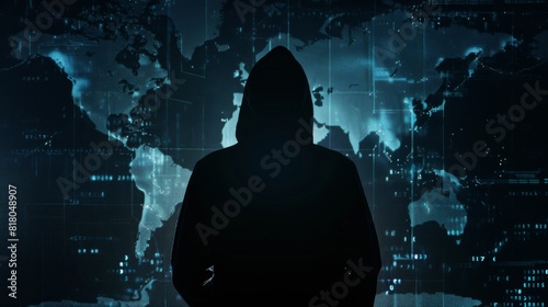 Hacker Silhouette in Front of Cyber Global Map. A shadowy hacker stands before a vast cybernetic map of the world, illustrating the hidden dangers of cyber threats on a global scale.