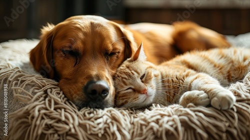 Tapety artystyczne Dog and cat sharing a cozy bed, unlikely friendship, warm and inviting atmosphere