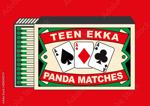 Ace Spade Playing Card (teen ekka) illustration in Matchbox and matches vector. Vintage and antique matchbox packaging design illustration. retro style packaging. old style design. open box