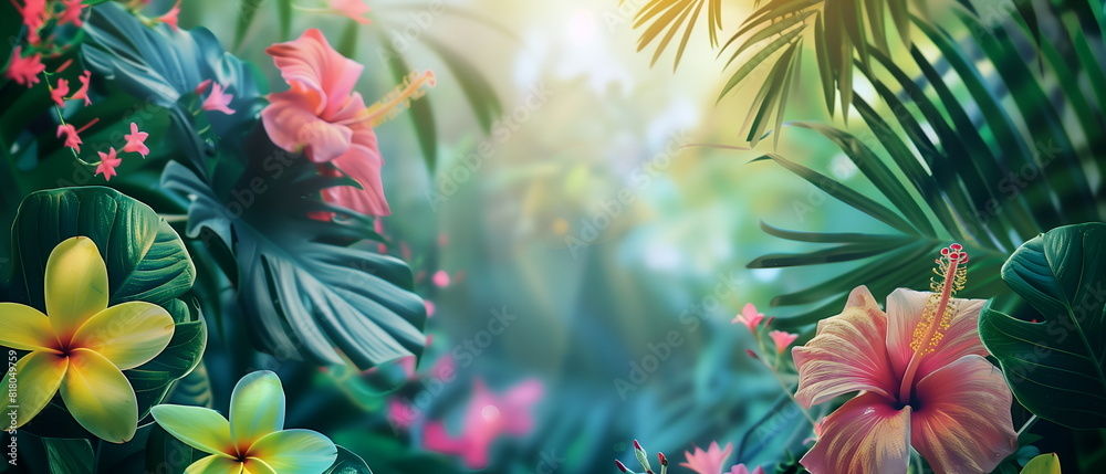Text space banner frame flower Spring background. flower background for design. Colorful background with tropical plants Text space banner frame flower Spring background. flower background for design. Colorful background with tropical plants