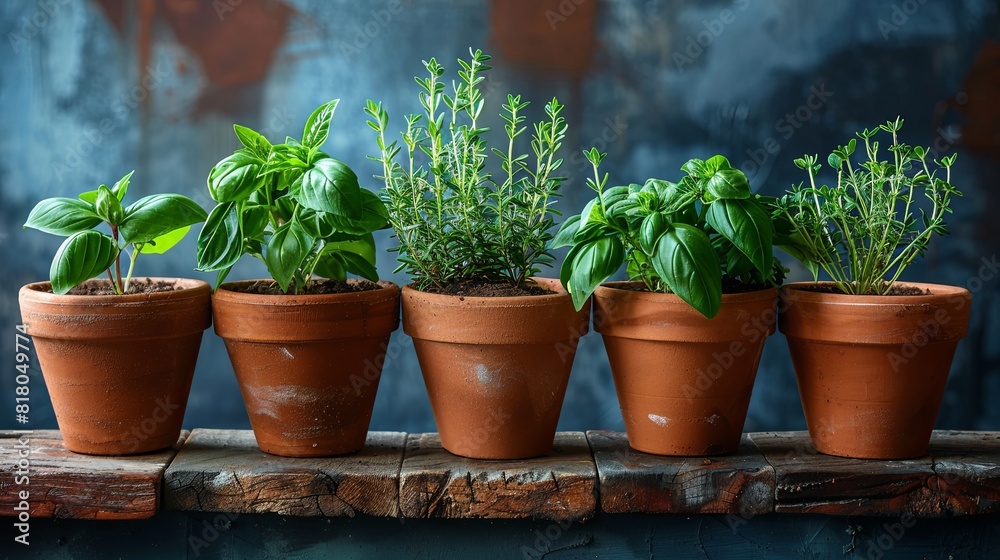 Herb garden in a rustic kitchen, fresh basil, rosemary, and thyme in terracotta pots, cozy and aromatic Herb garden in a rustic kitchen, fresh basil, rosemary, and thyme in terracotta pots, cozy and aromatic