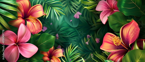Text space banner frame flower Spring background. flower background for design. Colorful background with tropical plants