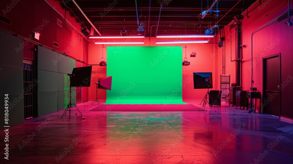 An indoor green screen studio setup with professional lighting and equipment, surrounded by vibrant red walls, ready for a nighttime shoot.
