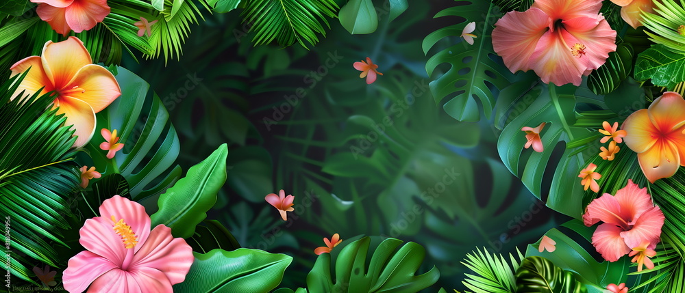 Text space banner frame flower Spring background. flower background for design. Colorful background with tropical plants Text space banner frame flower Spring background. flower background for design. Colorful background with tropical plants