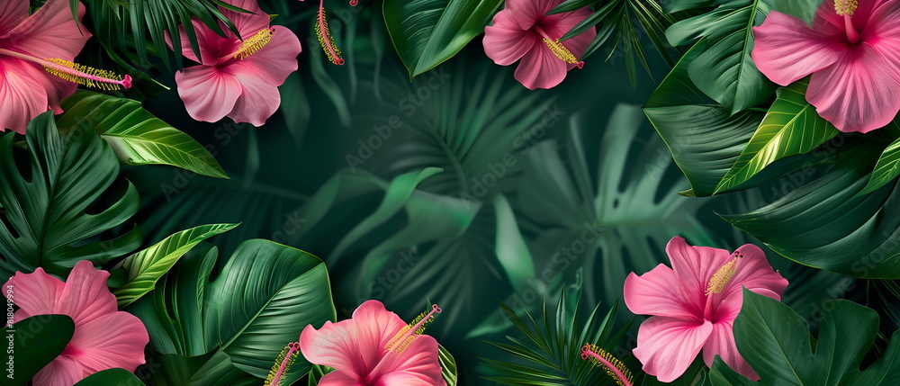 Text space banner frame flower Spring background. flower background for design. Colorful background with tropical plants Text space banner frame flower Spring background. flower background for design. Colorful background with tropical plants
