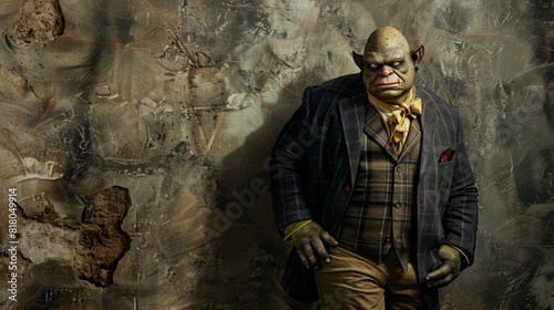 A distinctive ogre in refined attire exudes a surprising elegance. Clad in a well-tailored suit, he stands against a rough backdrop, blending brute strength with unexpected sophistication. photo