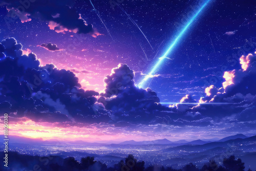 Generative AI, the sight of a meteor shower on a beautiful night with a dark sky dotted with soft light emanating from stars that sparkle like diamonds, beautiful meteor shower, cool anime landscape