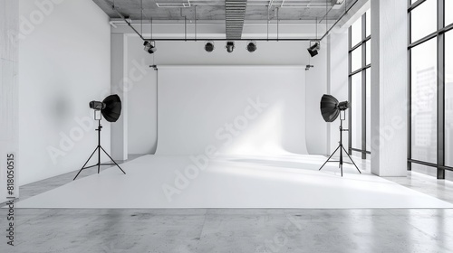 A studio space devoid of any objects or people, featuring a white backdrop and overhead lights.