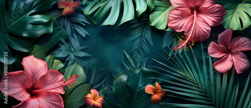 Text space banner frame flower Spring background. flower background for design. Colorful background with tropical plants
