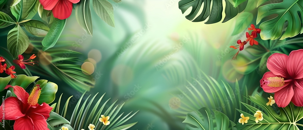 Text space banner frame flower Spring background. flower background for design. Colorful background with tropical plants Text space banner frame flower Spring background. flower background for design. Colorful background with tropical plants