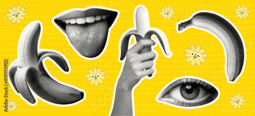 banana concept template design set with hand holding peeled fruit mouth tongue eye isolated retro grunge halftone collage elements vector y2k shapes yellow background