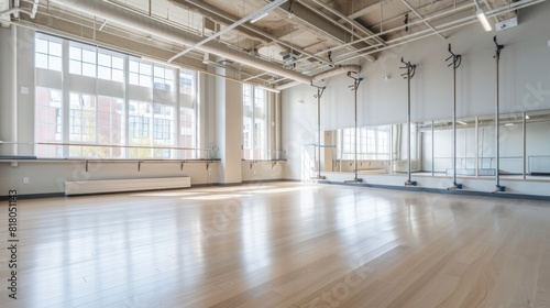 An empty dance studio featuring wooden floors and large windows, ready for dancers to practice and perform.