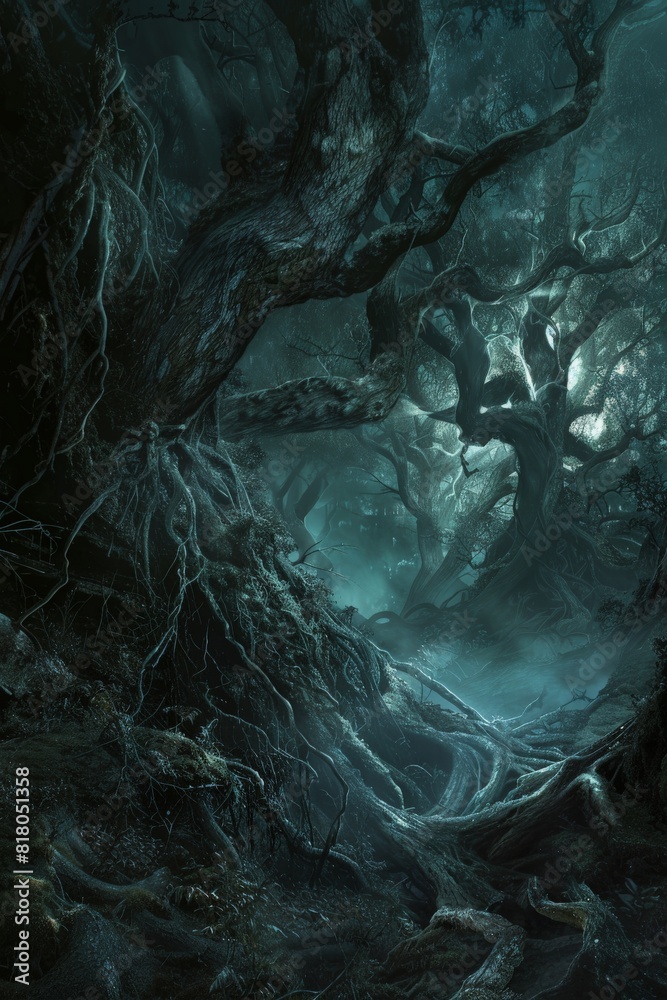 A dark and twisted forest at night, trees contorted into unnatural shapes, fog swirling around gnarled roots, an unseen presence watching from the dense undergrowth A dark and twisted forest at night, trees contorted into unnatural shapes, fog swirling around gnarled roots, an unseen presence watching from the dense undergrowth