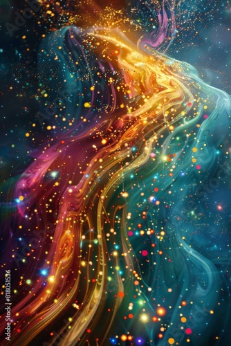 A data stream flowing upwards in the form of colorful particles  against a backdrop of a swirling nebula