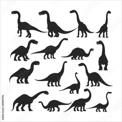 Dinosaur and Jurassic monster icons. Vector silhouettes of Brachiosaurus, Isisaurus, Camarasaurus, Mamenchisaurus, Diplodocus