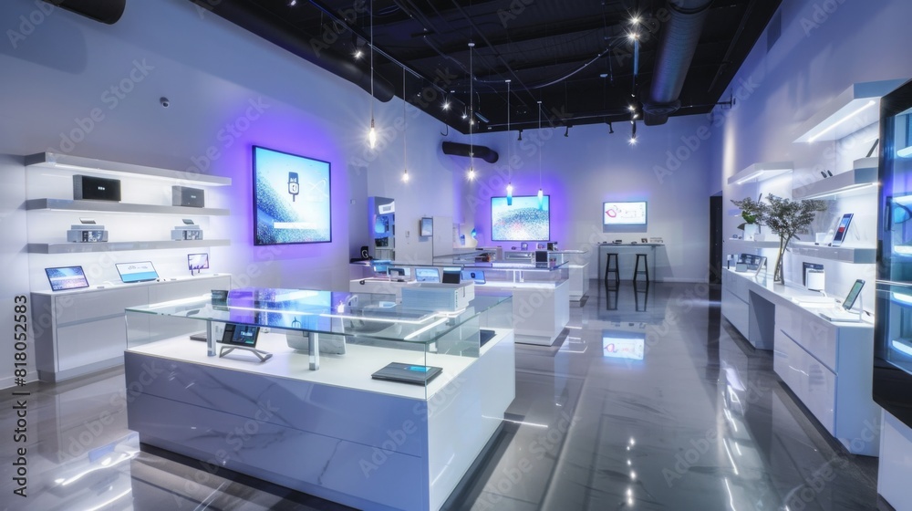 A sleek electronics store features a variety of gadgets displayed on glossy white tables and shelves, illuminated by stylish lighting. The store has a futuristic aesthetic with a clean, organized A sleek electronics store features a variety of gadgets displayed on glossy white tables and shelves, illuminated by stylish lighting. The store has a futuristic aesthetic with a clean, organized