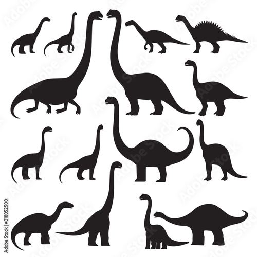 Dinosaur and Jurassic monster icons. Vector silhouettes of Brachiosaurus, Isisaurus, Camarasaurus, Mamenchisaurus, Diplodocus