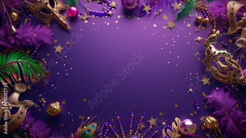 A vibrant Mardi Gras frame created by beads, masks, and feathers in regal purple, with golden accents, invites celebration and mystery, surrounding a space ripe for festive messages.