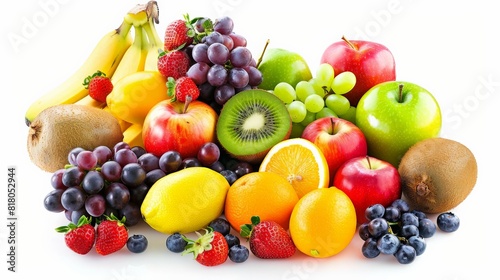 A variety of fruits are arranged together on a white background. 