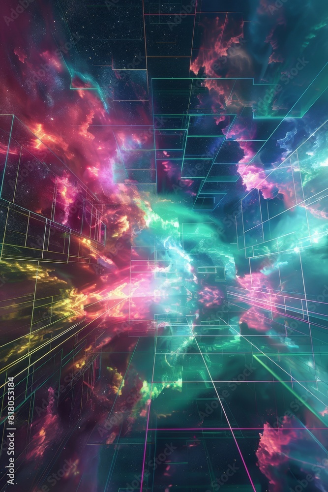 A neon grid glowing faintly against a backdrop of swirling nebulae A neon grid glowing faintly against a backdrop of swirling nebulae