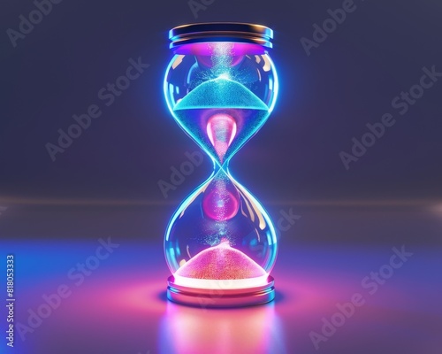 A neon hourglass, with the sand replaced by glowing particles
