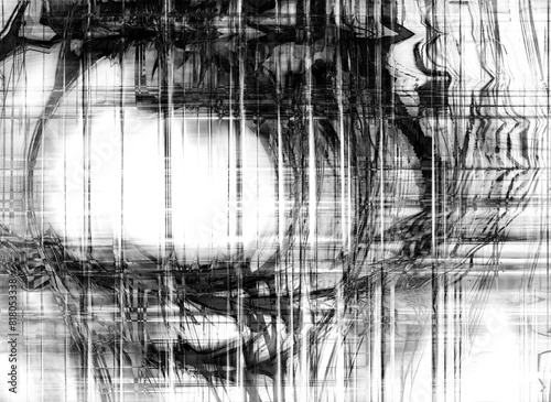 A grungy abstract design with glitch effect in black and white