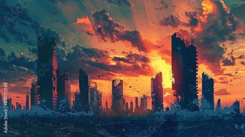 dystopian postapocalyptic cityscape silhouette at sunset with destroyed skyscrapers and debris dramatic panoramic view digital painting