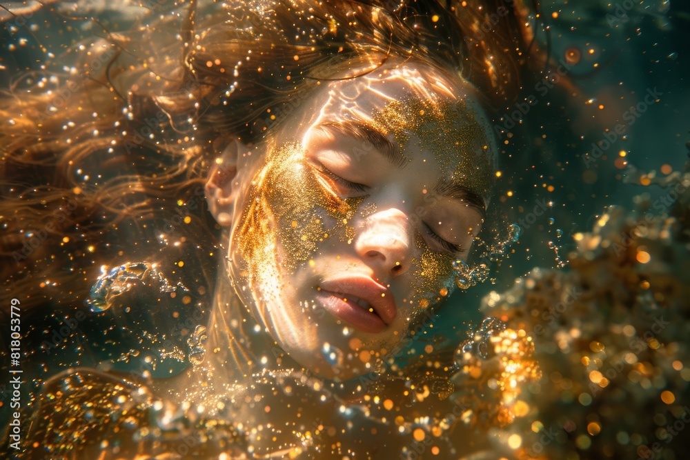 Golden Mermaid Exploring Sunken Treasure in Sparkling Underwater Realm Golden Mermaid Exploring Sunken Treasure in Sparkling Underwater Realm