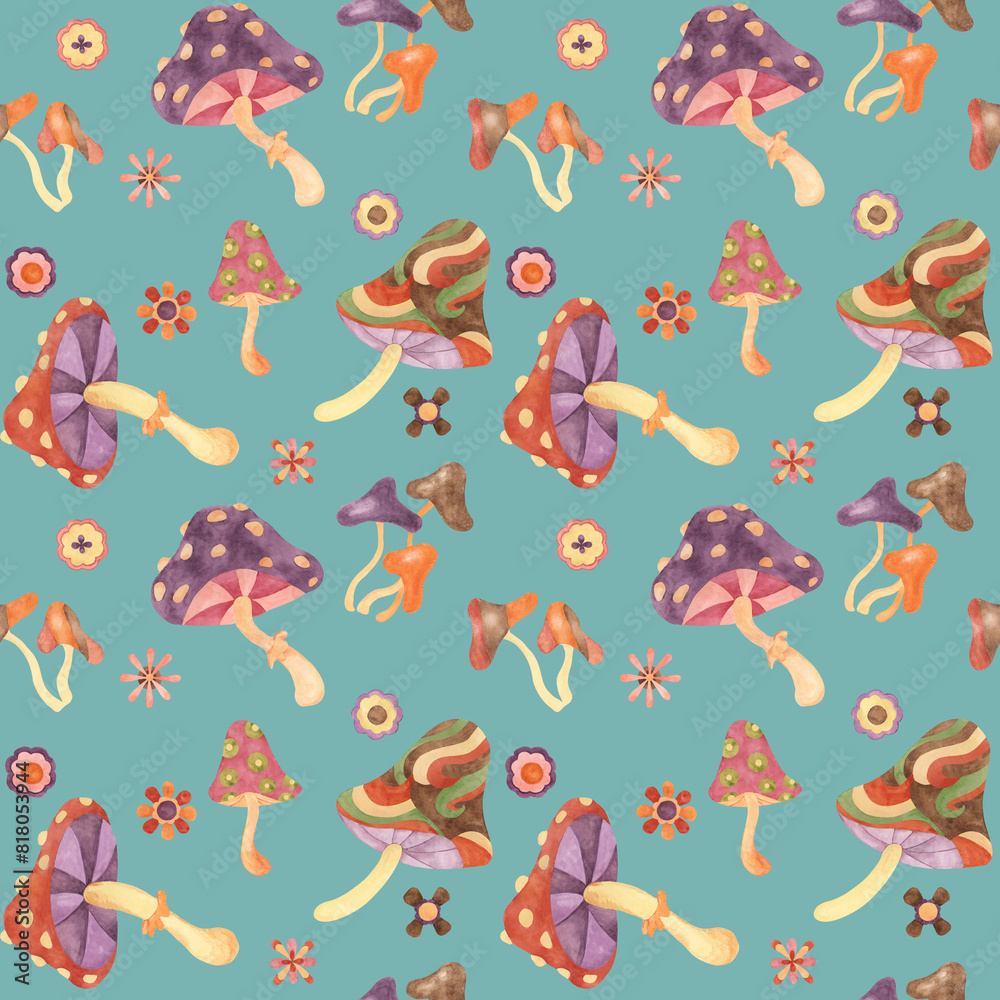 Groovy seamless pattern, retro mushrooms and flowers in watercolor. Vintage hippie fungi textile ornament clipart. Hand drawn fly agaric nostalgic print for clothes, wallpaper, wrapping, scrapbooking Groovy seamless pattern, retro mushrooms and flowers in watercolor. Vintage hippie fungi textile ornament clipart. Hand drawn fly agaric nostalgic print for clothes, wallpaper, wrapping, scrapbooking